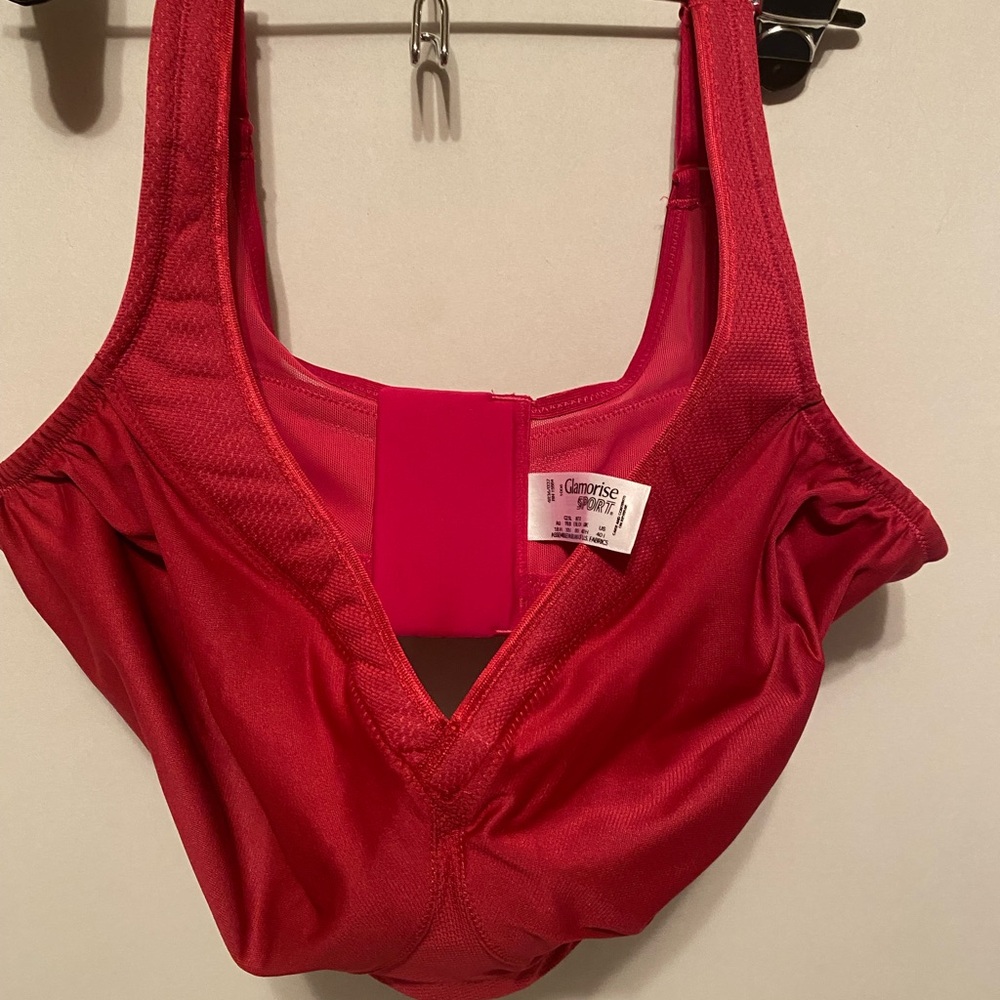 Glamorise Red Sports Bra with Wide Straps and V-Neckline